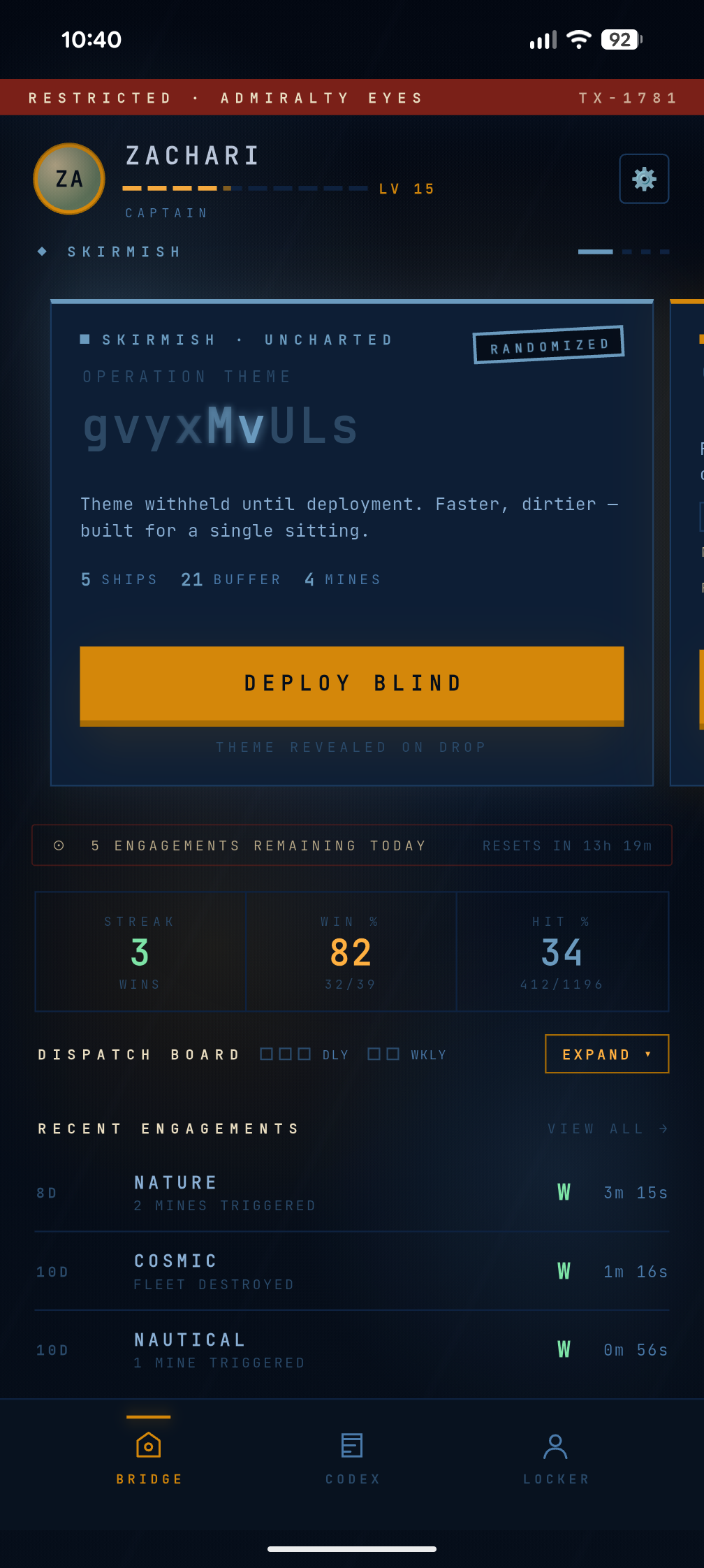 The Bridge home screen: officer dossier, a Skirmish engagement card reading DEPLOY BLIND, and recent engagements.