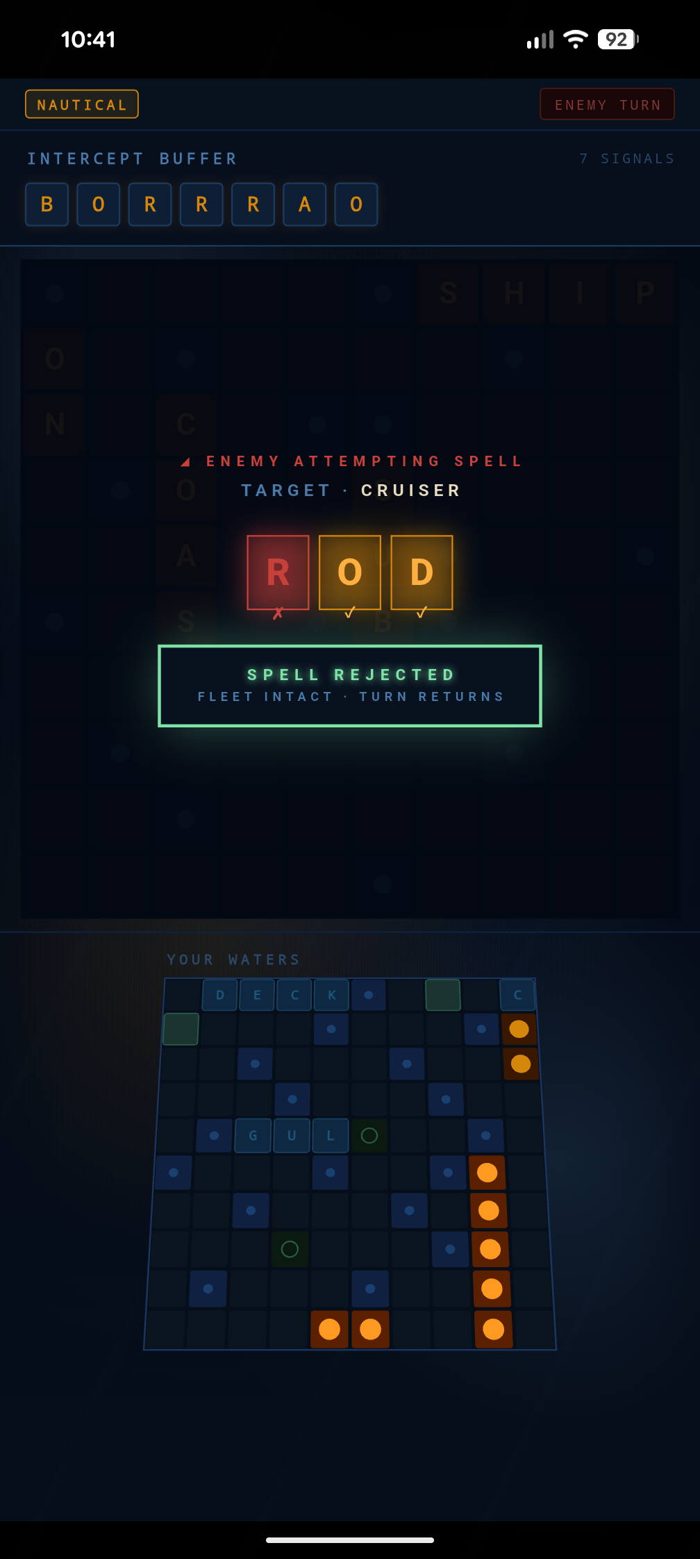 Enemy attempting a spell on your cruiser: the word ROD lights up tile by tile — SPELL REJECTED, fleet intact.