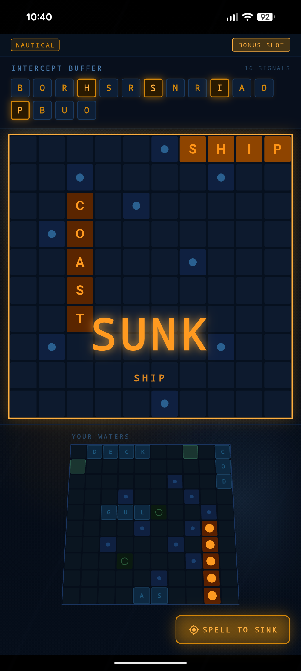 Letterfire gameplay: the word SHIP sunk on the enemy grid, with COAST partially revealed and a glowing SUNK banner.