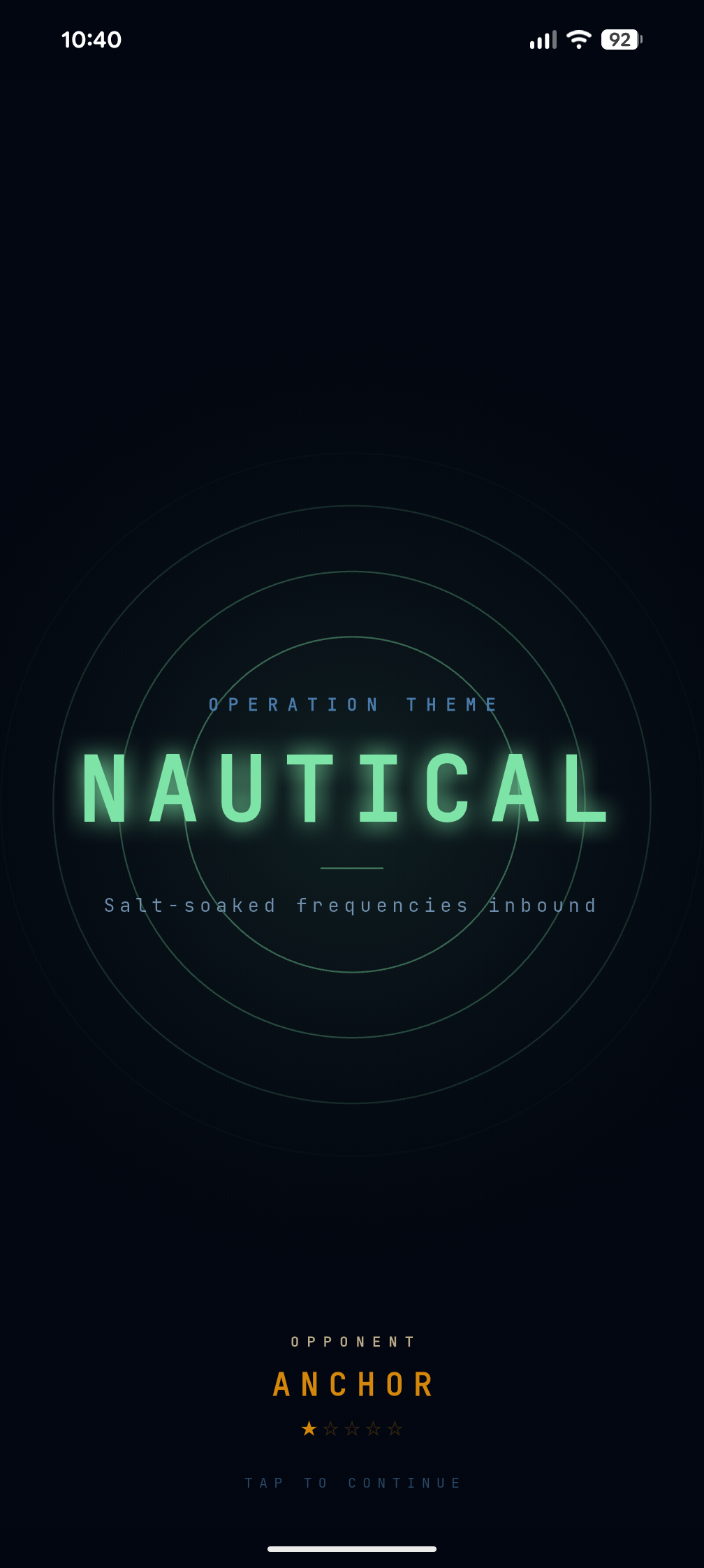 Operation theme reveal: NAUTICAL glowing in green over radar rings — salt-soaked frequencies inbound.