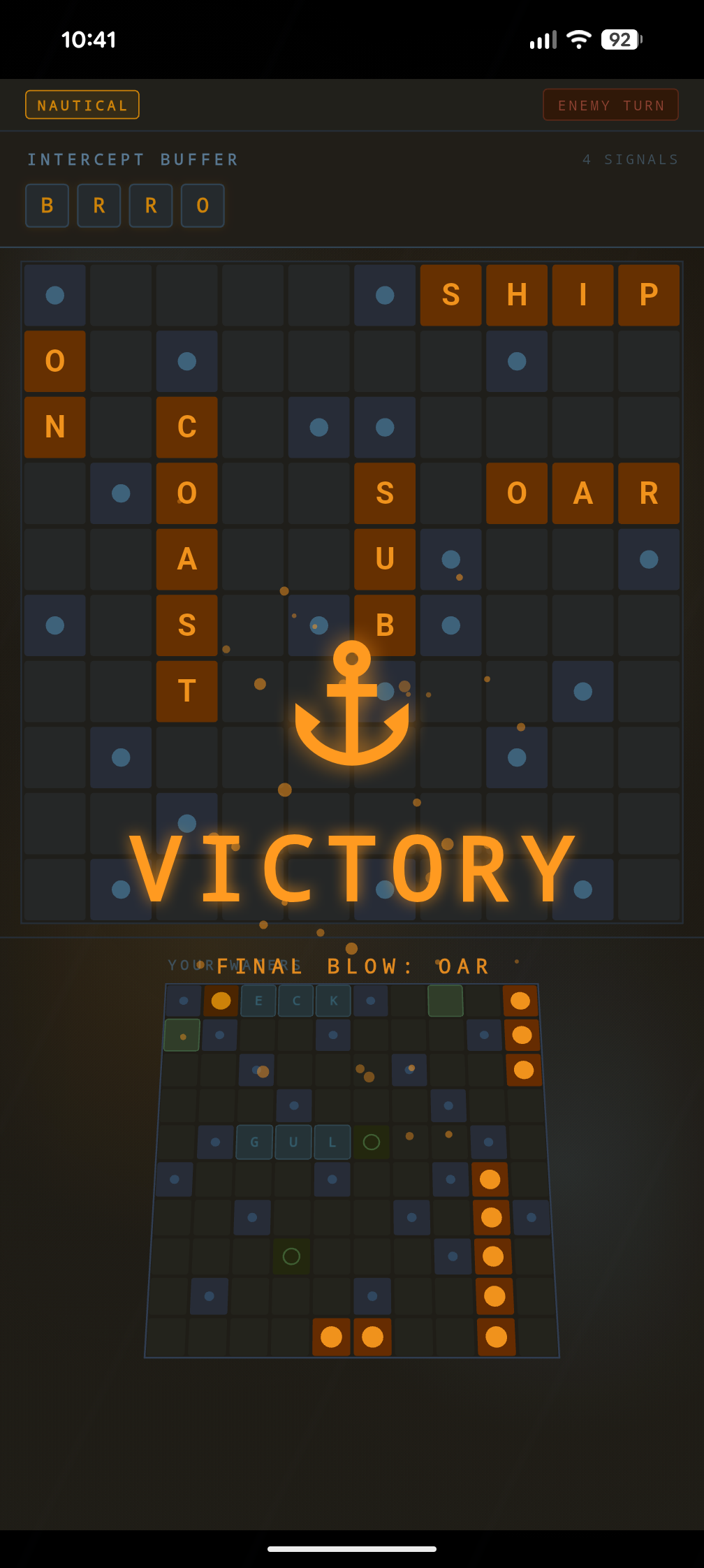 VICTORY in glowing letters over the final board, anchor emblem above the final blow: OAR.