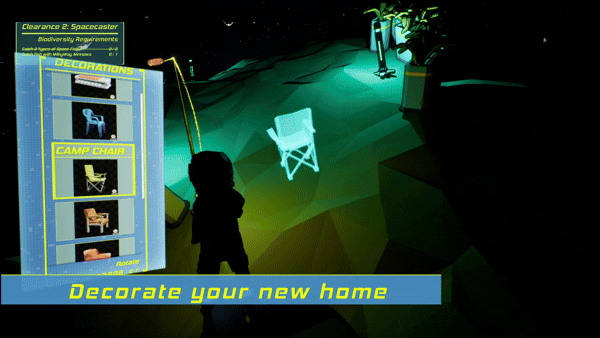 Gameplay: placing structures and decorations on the asteroid home.