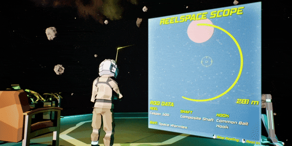 Gameplay: reeling in a hooked space fish as the line strains.