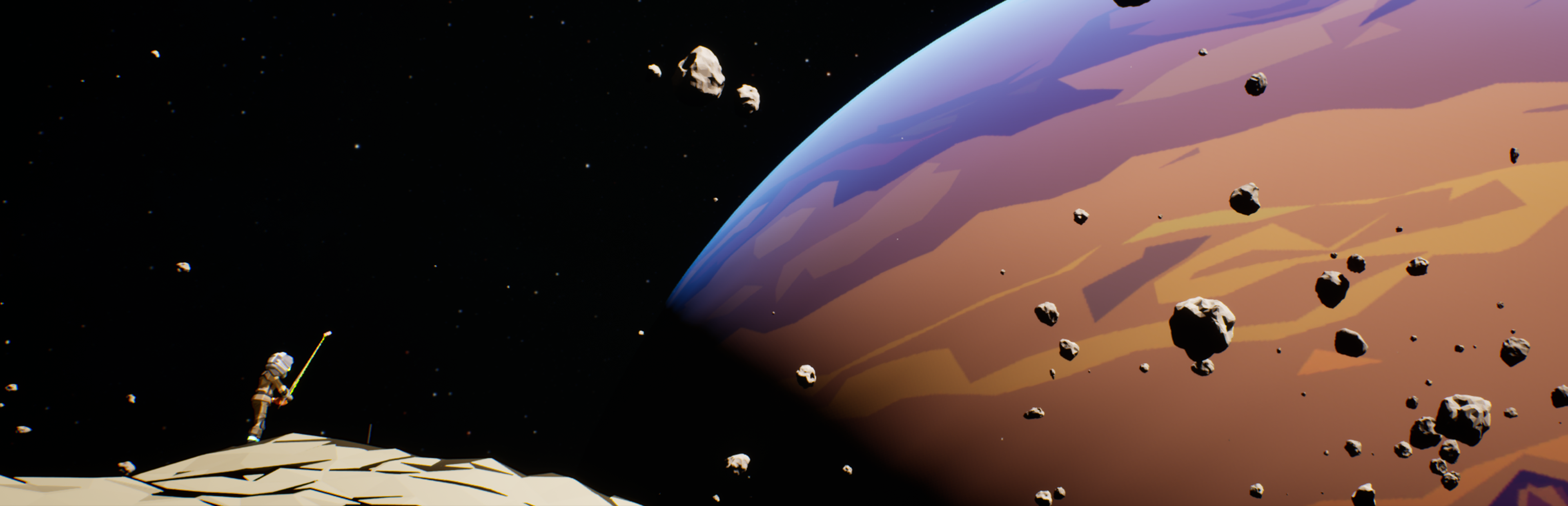 Wide shot: an astronaut with a fishing rod on an asteroid, a huge terracotta-and-blue planet filling the sky.