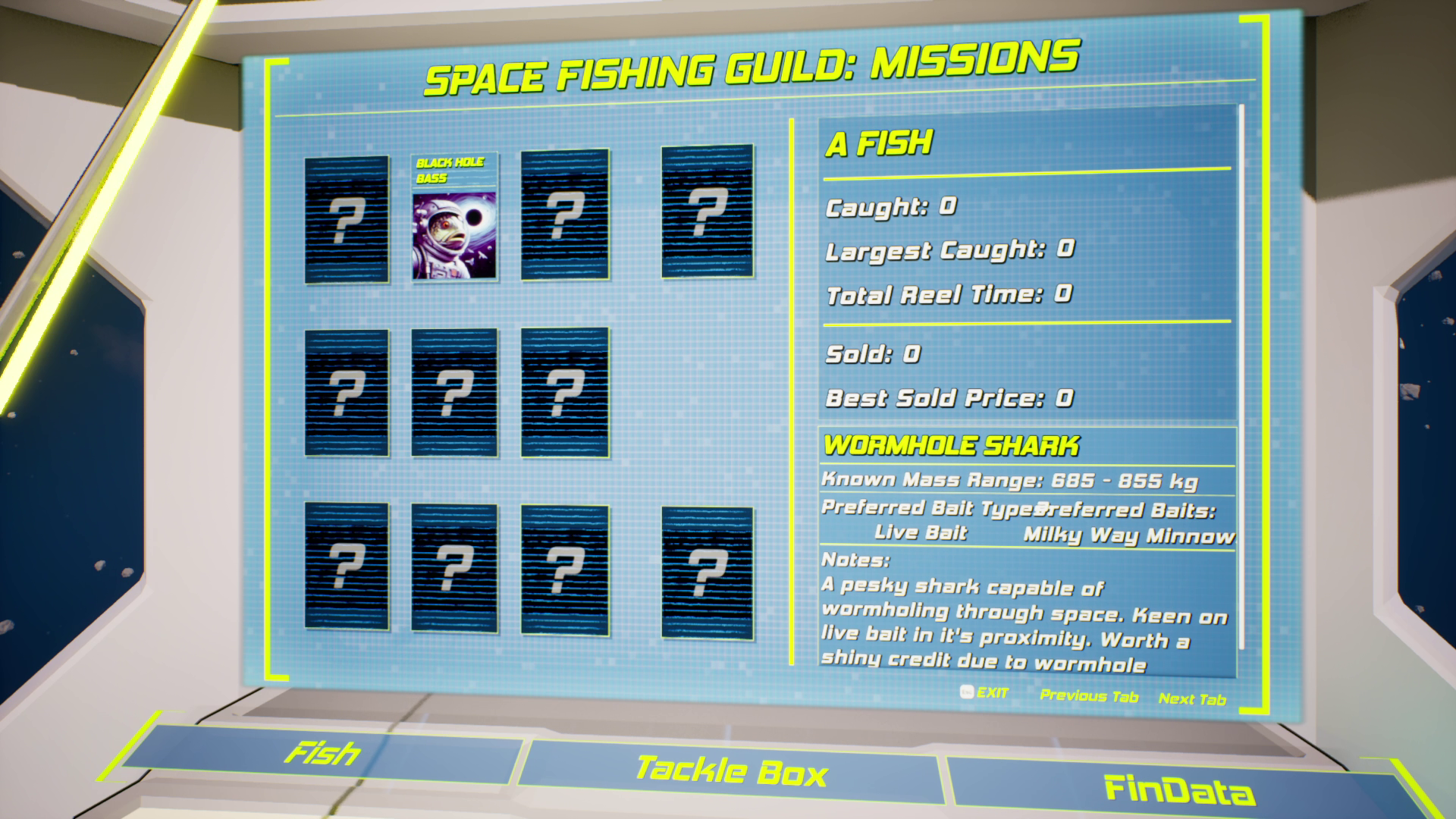 The Space Fishing Guild missions board with fish records and the Wormhole Shark dossier.