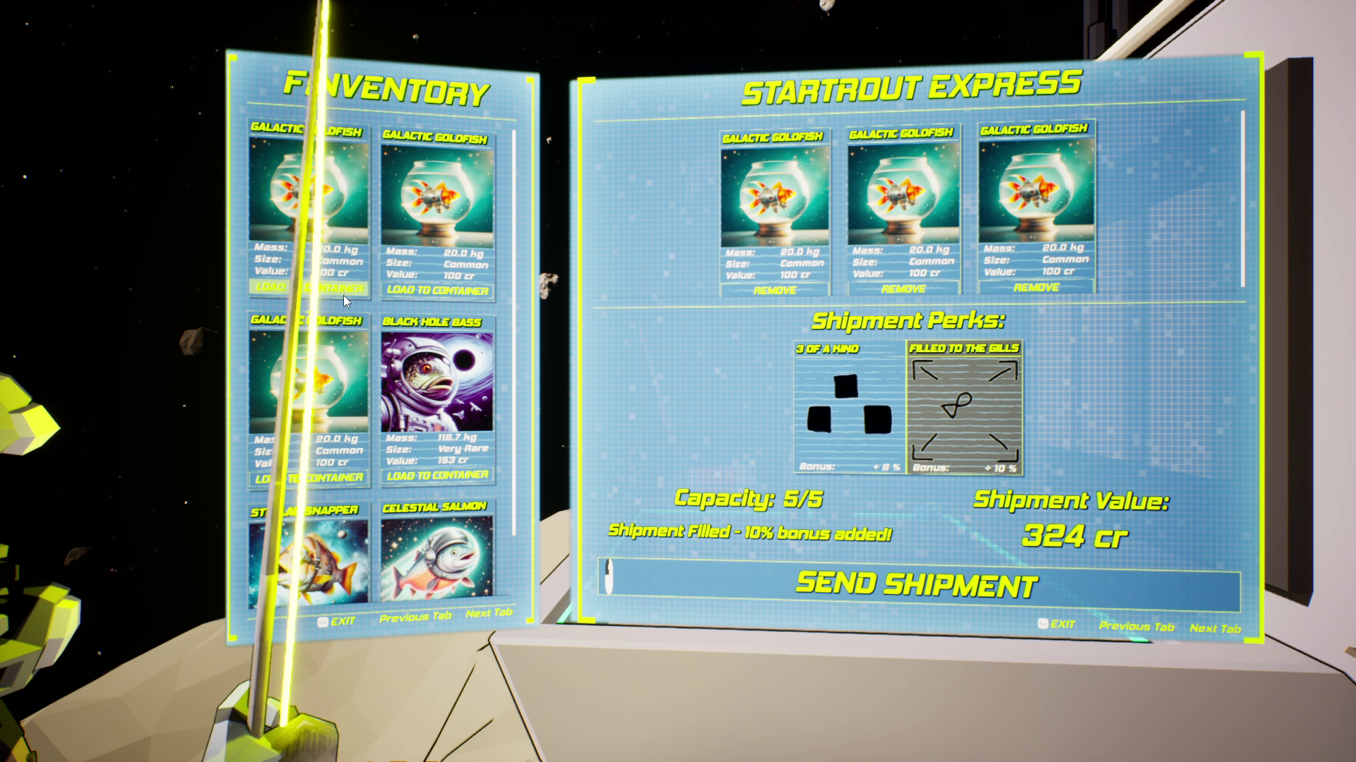 The Startrout Express shipping screen: fish cards bundled into a shipment worth 324 credits.